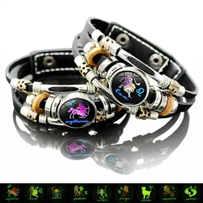 ✨🔮 Braccialetto in Pelle con 12 Segni Zodiacali Fosforescenti – Luminoso al Buio, Unisex, 17,5/20,6 cm – Regalo Perfetto per Uomo e Donna 🌙