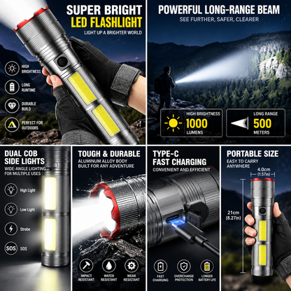 🔦50% DI SCONTO ORA! Torcia Portatile Potente a Lungo Raggio – Torcia LED Ricaricabile USB con Luce COB Laterale, Torcia Impermeabile per Campeggio, Escursionismo, Uso di Emergenza