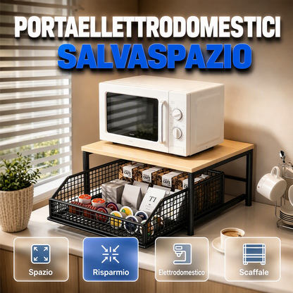 ✨ Supporto a 2 Ripiani per Microonde & Elettrodomestici 🍵📦 - Cassetto Estraibile | Struttura Ferro + Legno | Salvaspazio | 3 Colori | 65% DI SCONTO