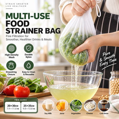 🛒 1+1 GRATIS! 🥛 Sacchetto Filtrante Alimentare in Nylon – Addio Residui e Depositi nelle Bevande – Maglia ad Alta Densità con Coulisse, Riutilizzabile 🌿