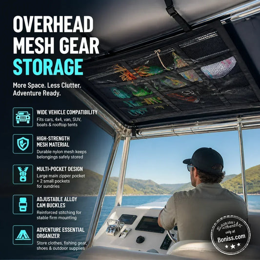 🚤🎣 Rete portaoggetti per soffitto – Multi‑scomparti, regolabile, ideale per SUV, furgoni, 4x4, barche e tende da tetto, riponi la tua attrezzatura da pesca e i tuoi articoli da esterno senza ingombrare l’abitacolo 🌿✅