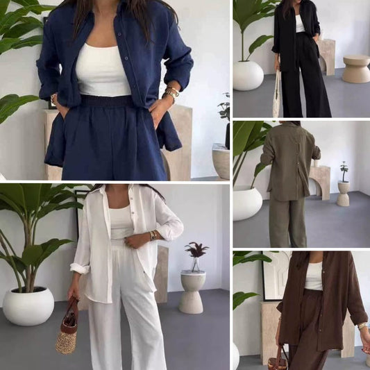 ✨ Enfärgat tvådelat set – löst sittande skjorta och byxor med vida ben i perfekt harmoni. Avskalad elegans för vardagen.