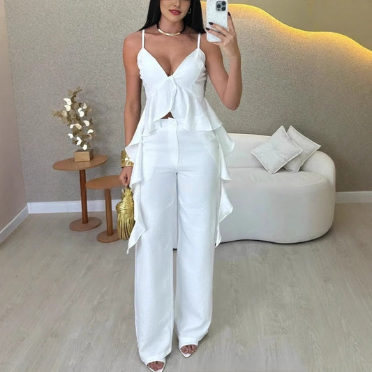 Completo Donna Moda – Top Spaghetti con Orlo a Balze e Pantaloni a Gamba Larga