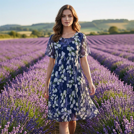 👗 50% RABATT 🌸 | Kortärmad A-linje Festklänning – Blommönster & Dubbel Chiffong