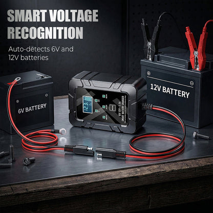 🔋⚡ Smart batteriladdare | Automatisk spänningsavkänning · Smart överladdningsskydd · Pulsåterställning · Flera skyddsfunktioner · LCD-skärm