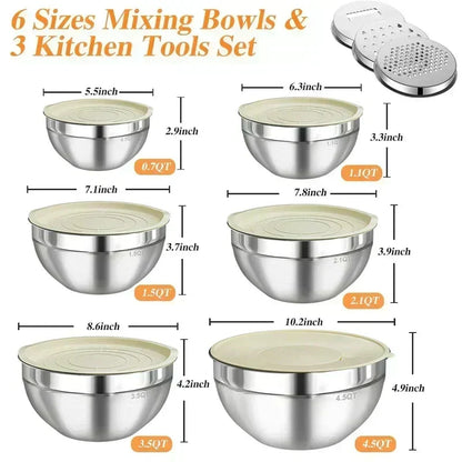 🥣 Set 6 Ciotole in Acciaio Inox 304 con Coperchi Ermetici & Grattugie – Impilabili | Alta Qualità | Lavabili in Lavastoviglie 🔪✨