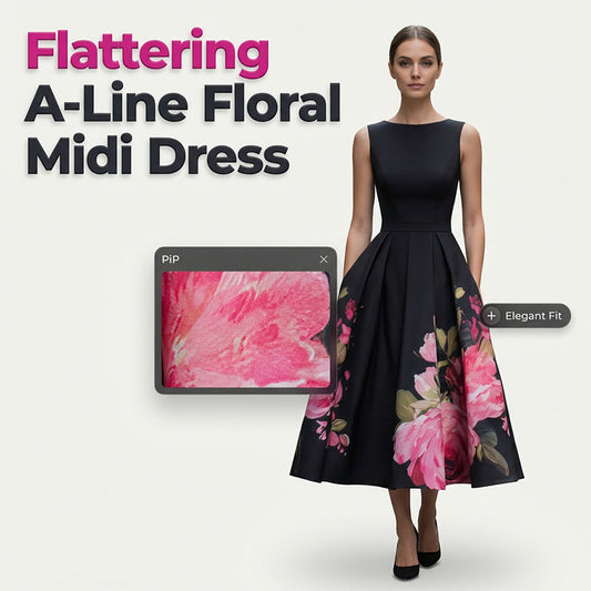 Elegant, ärmlös midiklänning i A-linje med blommönster
