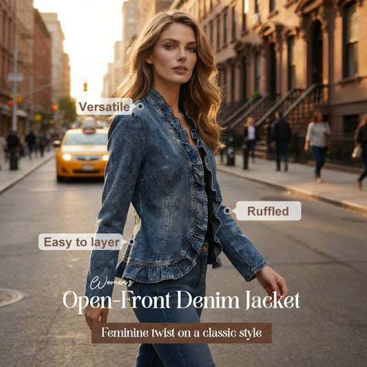 🧥 54% RABATT NU! 🌸 Dam Denimjacka med Volang & Öppen Framsida – Lättviktig & Feminin – Mångsidig & Chic 👗