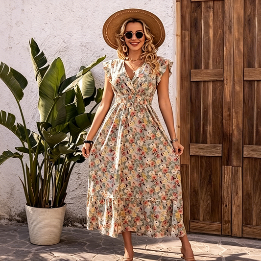👗50% RABATT NU!🎀Dam Blommig V-ringad Smockad Midja Klänning