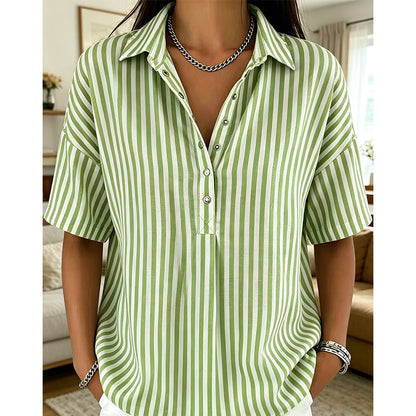 🥳SUMMER HOT SALE🥳💞50K+ SOLD!💥50% OFF! 🔥 Women's Striped Short-Sleeve Shirt – Relaxed Fit, V Neck, 9 Colors 🍂