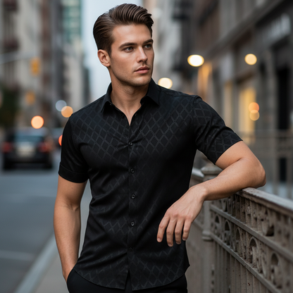 👔 50% RABATT NU!🖤 Svart herrskjorta med textur – Diamantjacquard och atletisk passform – Snyggt och oumbärligt 🔥