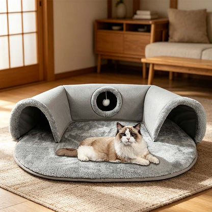 🐱 60% RABATT! 🛏️ Plysch 2-i-1 kattunnelsäng – Hopfällbar, reptålig & mysig – Kombinerar gömtunnel med mjuk sovmatta – perfekt för lek, vila & lurpassning 🐾