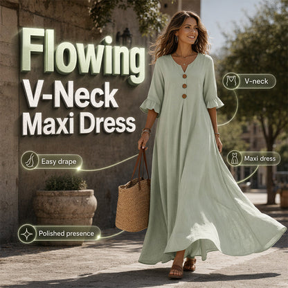 ⏳Offerta a Tempo Limitato⏰ Vestito Maxi Donna Scollo a V Ampio – Silhouette Fluente, Drappeggio Morbido, Dal Giorno alla Cena 🌙