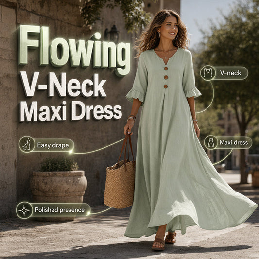 ⏳Offerta a Tempo Limitato⏰ Vestito Maxi Donna Scollo a V Ampio – Silhouette Fluente, Drappeggio Morbido, Dal Giorno alla Cena 🌙