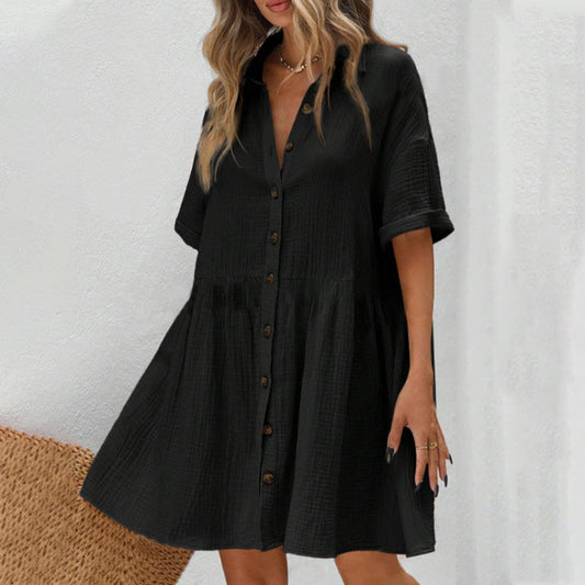 Vestito Midi a Maniche Corte con Colletto Camicia e Bottoni