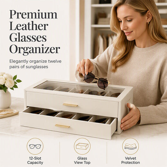 📢📢50% DI SCONTO!! ⏰ Scatola Organizer per Occhiali da Sole a 2 Livelli – Coperchio in Vetro Trasparente, Pelle PU, Rivestimento in Velluto – 2 Colori 👓✨