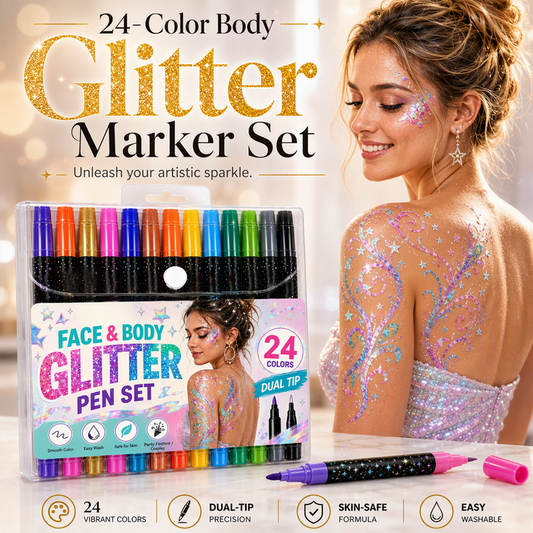 🎨 -50% ORA! ✨ Set 24 Marker Glitter per Viso & Corpo – Doppia Punta, Colori Vivaci & Lunga Durata – Perfetti per Feste, Festival & Look Creativi 🌈