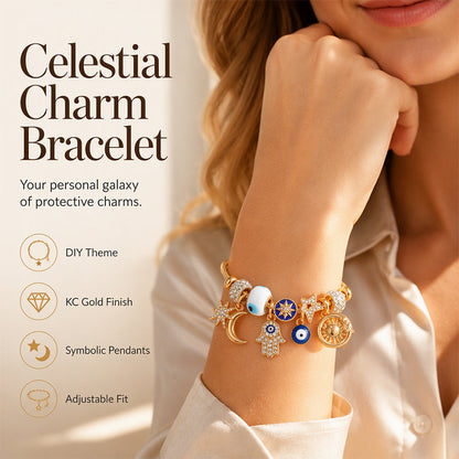 Bracciale con Ciondoli Celestiali Sole, Luna e Stelle – Lega Dorata, Regolabile 18-22cm, Strass e Smalto Blu ✨🌙☀️