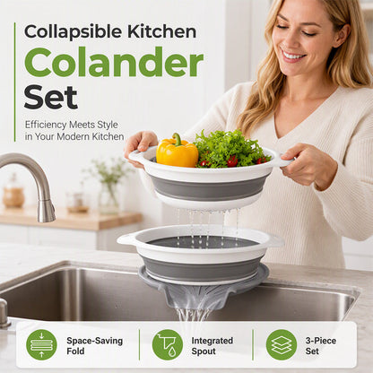 Set 3 Scolapasta Pieghevoli con Base di Scolo