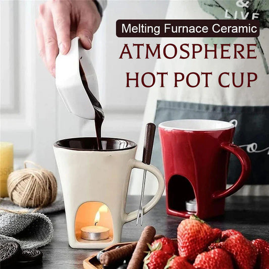 🍫 Tazza per Fonduta in Ceramica per Cioccolato e Formaggio con Scaldacandela e Forchettina – 200ml ✨