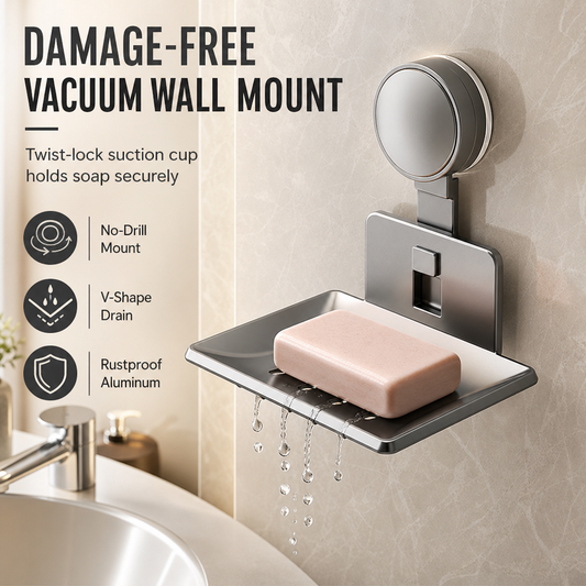 🧼 Portasapone a Parete con Ventosa Sottovuoto ✨ | Drenaggio Rapido a V Antiristagno, Zero Fori 💧 | In Alluminio Spaziale Antiruggine per Doccia e Bagno, 14×9,5cm 🚿