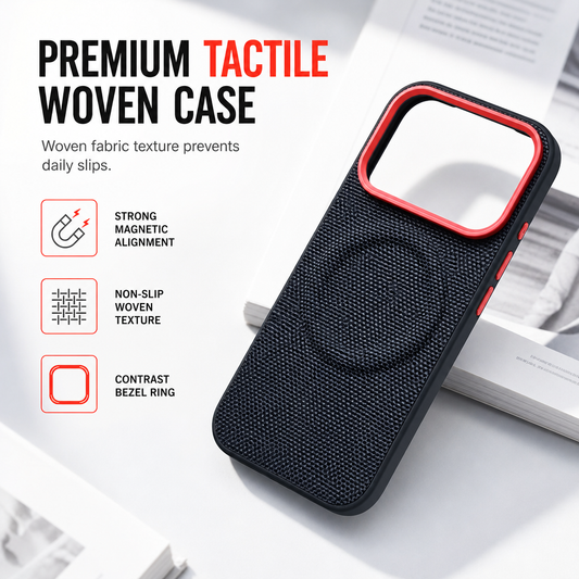 📱 SCONTO DEL 50% A TEMPO LIMITATO! ✨ Cover magnetica con trama intrecciata e finiture dorate – Antiscivolo, antiurto e compatibile con la ricarica wireless ✨