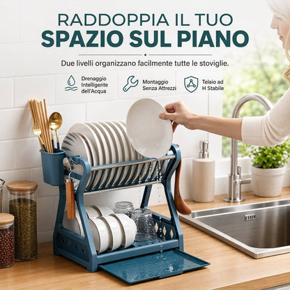 🍽️ Scolapiatti 2 Livelli Salvaspazio con Vassoio Raccogligocce | Struttura Rinforzata con Portaposate e Ganci | Organizzatore Verticale per Cucina ✨