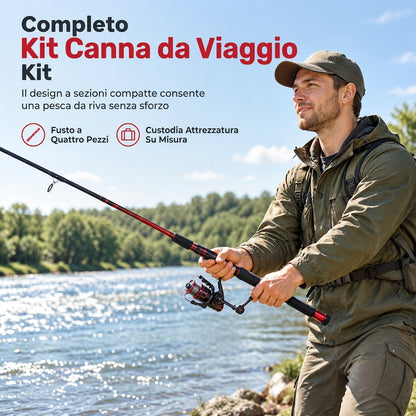 🎣 SUBITO AL 50%! 🎒 Set da pesca da viaggio con canna in 4 pezzi – fibra di vetro, mulinello da spinning e scatola per attrezzatura – trasportabile per fiumi e laghi 🌊