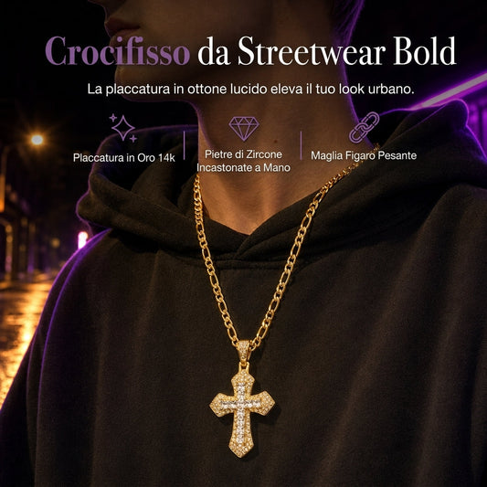 ⏳ Offerta limitata del 50% di sconto ⏰ Croce in ottone con strass baguette a doppio strato stile hip hop con catena figaro ✝️💎📿