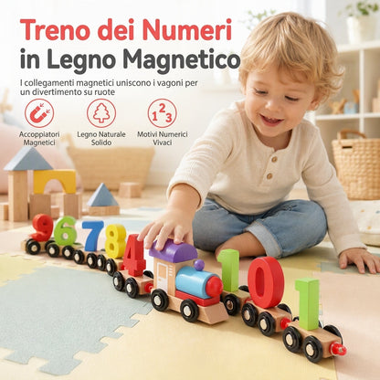 🚂 Sconto del 50%! ✨ Treno Montessori Magnetico in Legno con Numeri per Bambini Piccoli – 100% Legno Duro Naturale Senza Schegge, Giunti Magnetici a Innesto Rapido, Riconoscimento Numeri 0-9/1-10 e Sviluppo delle Abilità Motorie – Età 3+ 🔢