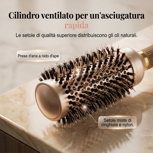 💇‍♀️ Spazzola professionale volumizzante a bocciolo: fusto ventilato per un'asciugatura rapida, impugnatura ergonomica. Solleva le radici e dona volume in soli minuti. 3 colori (grigio / caffè / oro) ✨