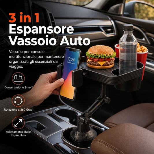 Supporto multifunzionale 3-in-1 per auto: portabicchiere, supporto per telefono, vassoio e spazio di archiviazione
